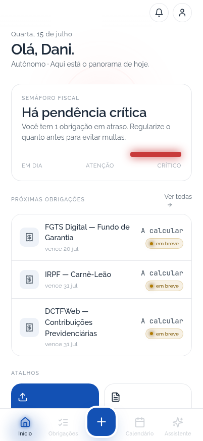 Tela inicial do app com o semáforo fiscal e as próximas obrigações