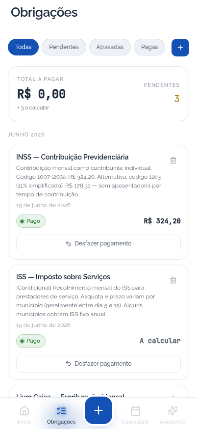 Lista de obrigações fiscais com valores, vencimentos e status